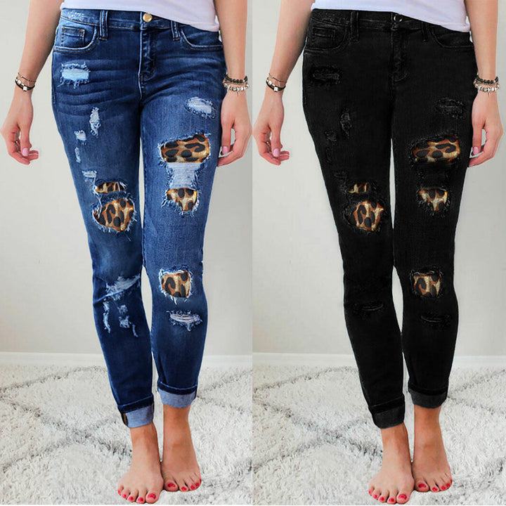 Dame Ripped Skinny Jeans med leopardmønster-applikationer og moderigtigt design Stilla
