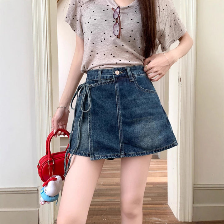 Dame High-Waisted Denim Miniskørt med justerbar sidelacing Stilla