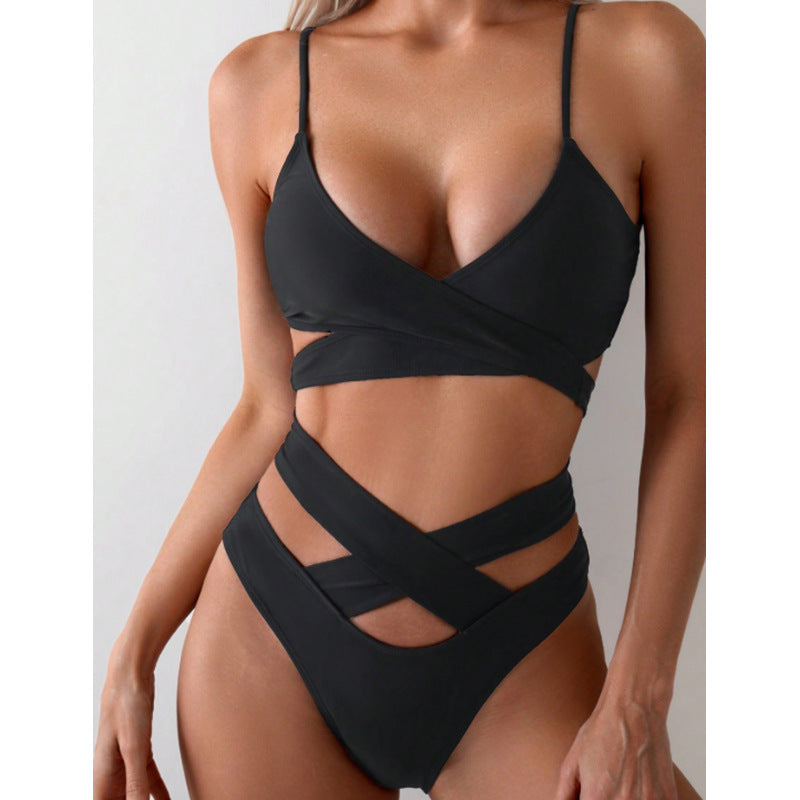 Dame højtaljede cut-out bikini med raffineret indpakningsdesign Skovae