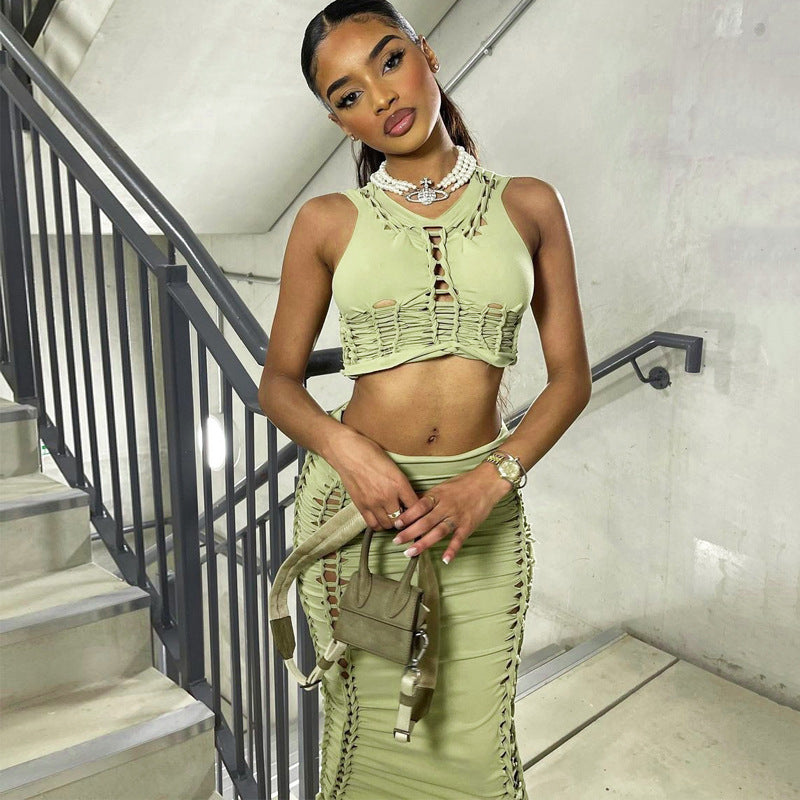 Dame sæt bestående af cropped top og tætsiddende maxi-nederdel Stilla