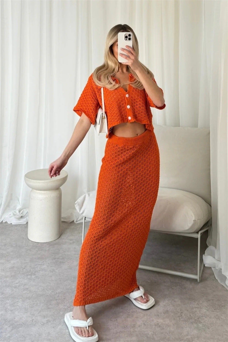 Dame hæklede strandlook med crop-top og maxiskørt Stilla