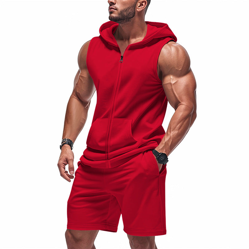 Herre nan sporty hættetrøje sæt med ærmeløs sweatshirt, gennemgående lynlås og træningsshorts Skovae