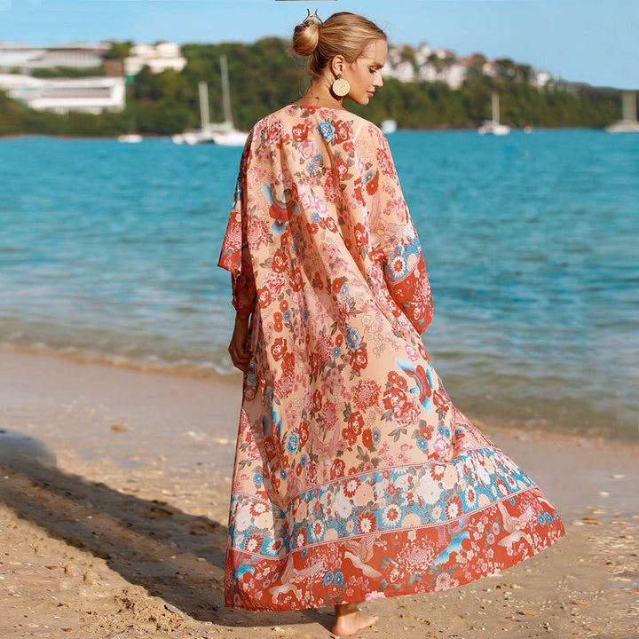 Dame floral strandkimono med løstsiddende ærmer Skovae