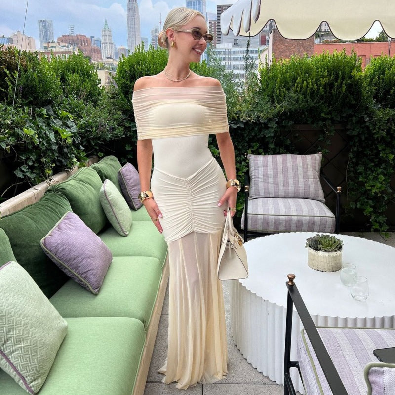 Dame Elegant Maxi-kjole med skulderfri design og rynker Skovae