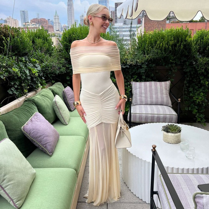 Dame Elegant Maxi-kjole med skulderfri design og rynker Skovae