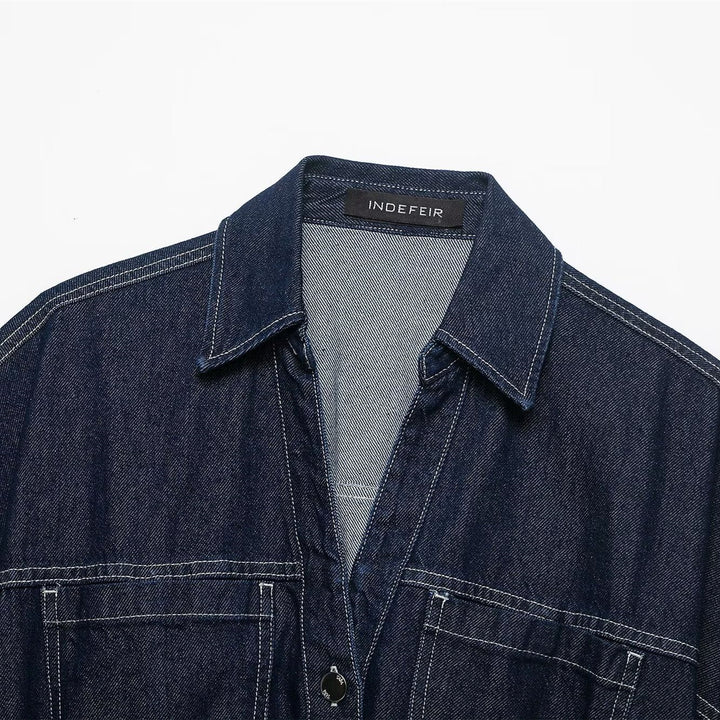 Dame Oversize Denim-Bluse med praktiske lommer og elastisk bund Skovae