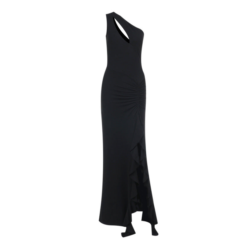 Dame elegant asymmetrisk maxikjole med flæsedetaljer Skovae