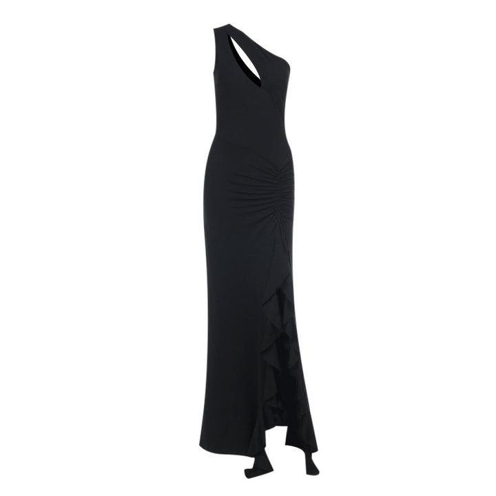 Dame elegant asymmetrisk maxikjole med flæsedetaljer Skovae