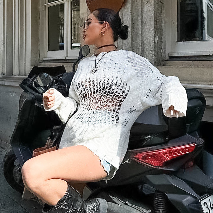 Dame Oversized Strikpullover med hulmønster Stilla