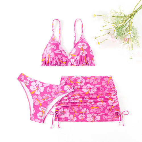 Dame bikini sæt med legesyg blomsterprint og justerbart skørt Stilla
