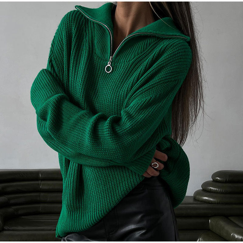 Kvindernes oversized strikket sweater med høj hals og lynlås Stilla