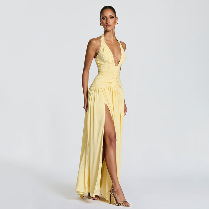 Damen Maxikleid mit tiefem V-Ausschnitt und seitlichem Schlitz Skovae