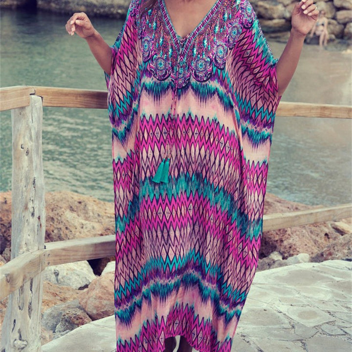 Dame Kaftan med kunstnerisk etnisk design og afslappet snit Stilla