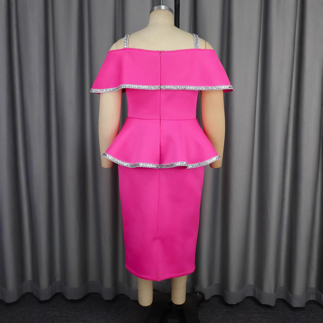 Dame Elegant Cocktailkjole med off-shoulder Volant og glitrende accenter Skovae