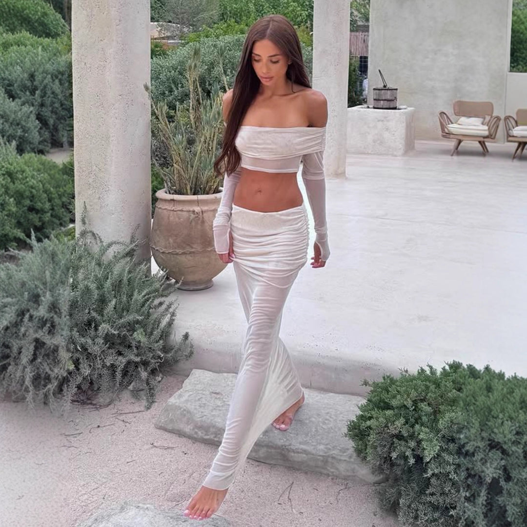 Dame Off-Shoulder Maxi-Kjole med ruched top og elegant skørt Skovae