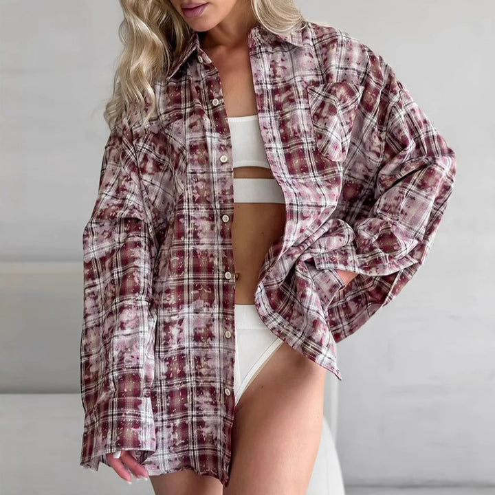 Dame Oversized Karo skjorte med brystlommer og afslappet snit Stilla