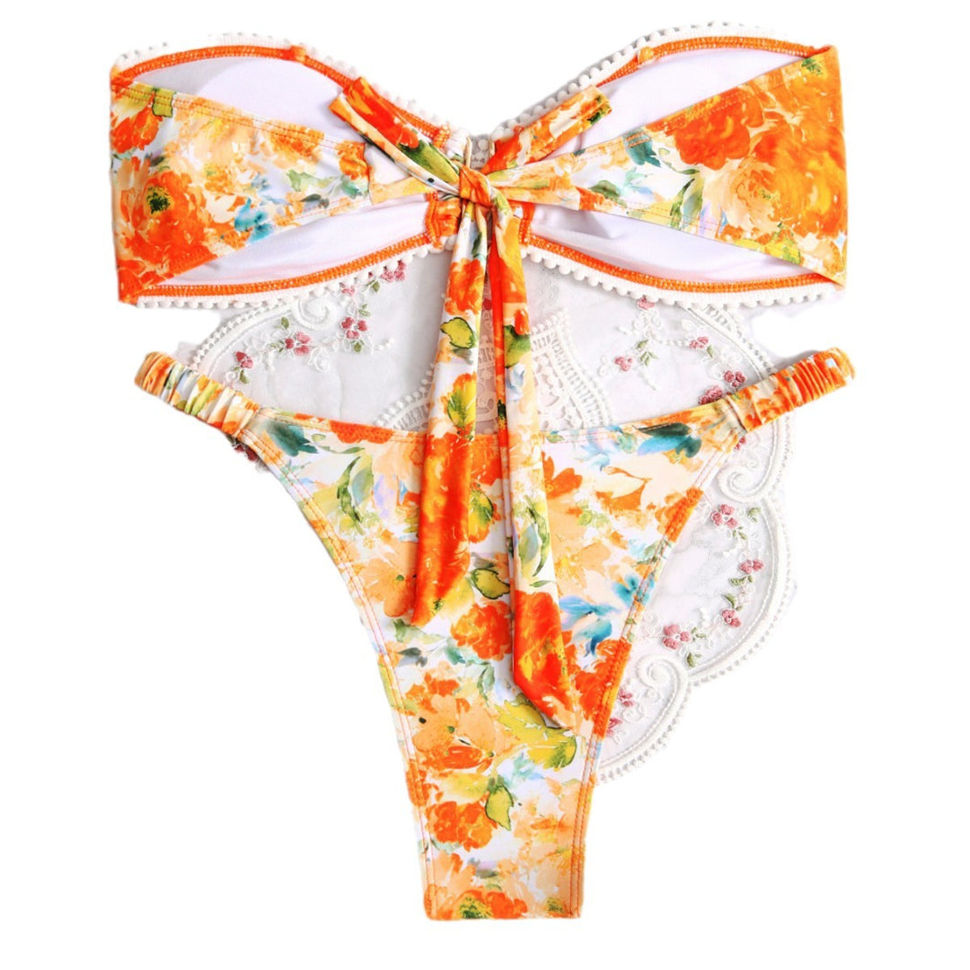 Dame Floral Print Bandeau Bikini Sæt Stilla