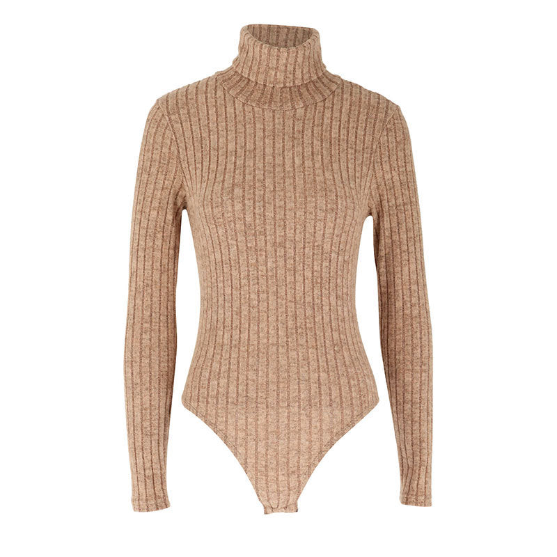 Dame Langærmet bodysuit med høj krave og fint ribmønster Skovae