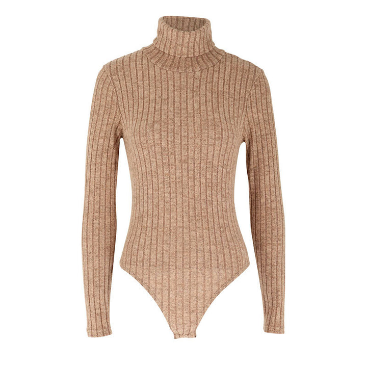 Dame Langærmet bodysuit med høj krave og fint ribmønster Skovae