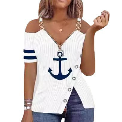 Dame Off-Shoulder Top med maritimt motiv og dekorative knapper Skovae
