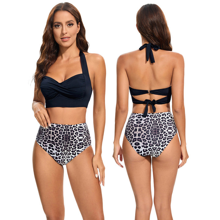 Damer Højtaljet Bikini-Sæt med polstret Top og Leoparddesign Skovae