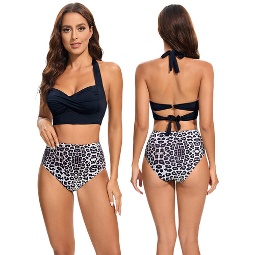 Damer Højtaljet Bikini-Sæt med polstret Top og Leoparddesign Skovae