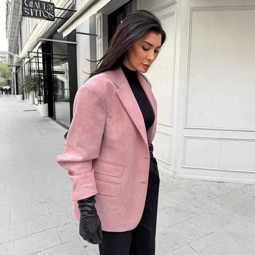 Dame Oversized Blazer i elegant suede-look med dyb revers og praktiske lommer Stilla