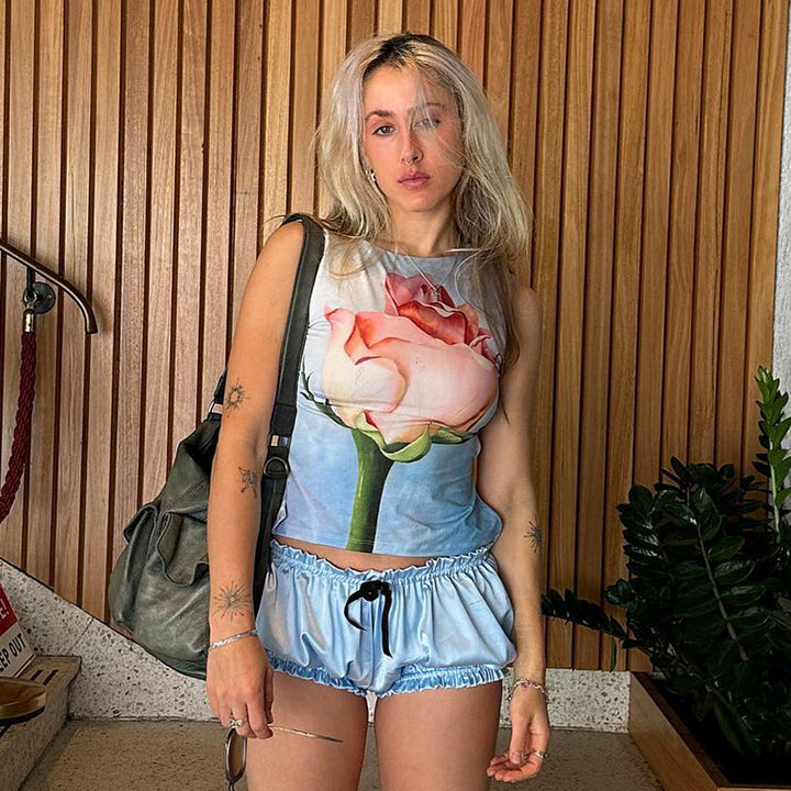 Dame ærmeløs top med blomstret design Skovae