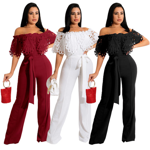 Dame Elegant Off-Shoulder Jumpsuit med dekorativ spids og taljebælte Stilla