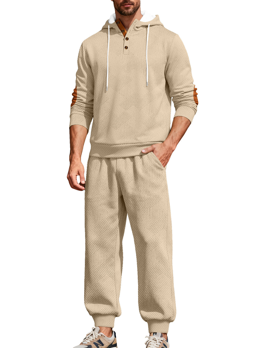 Herre nan struktureret hoodie-jogging sæt med Henley-knapstolpe og kontrast-albue-patches Skovae
