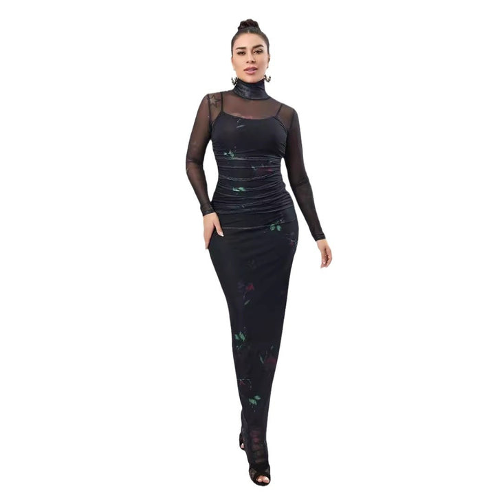 Dame Elegant Maxikjole med transparente ærmer og floraltryk Stilla