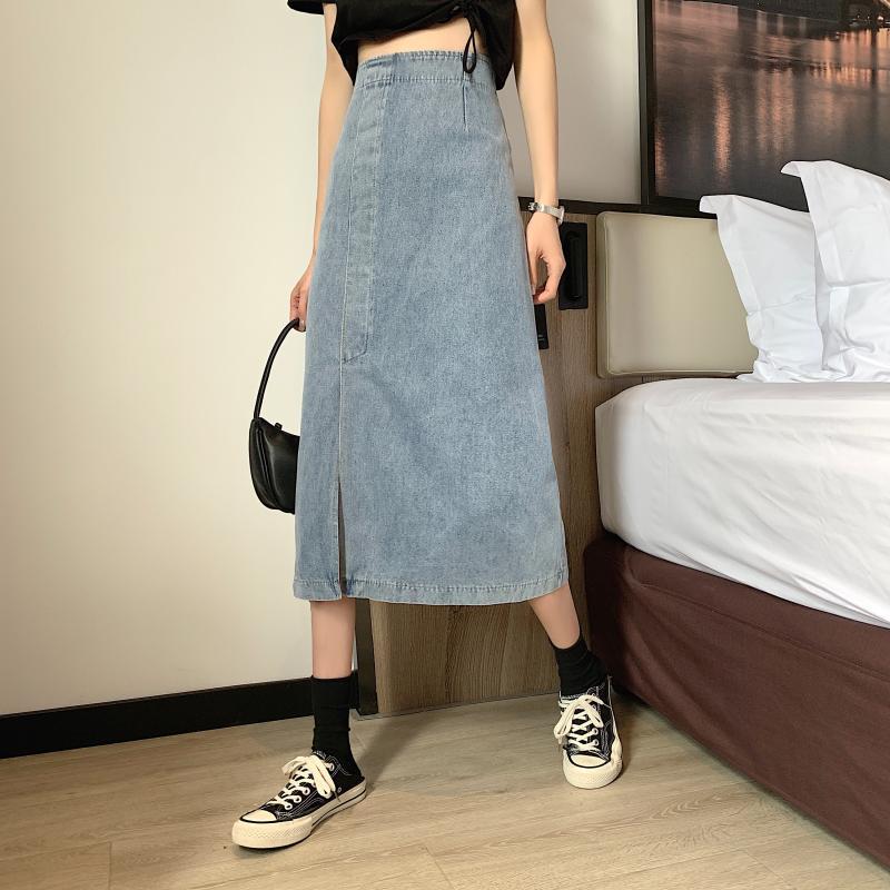 Dame jeans midi nederdel med sideslids Stilla
