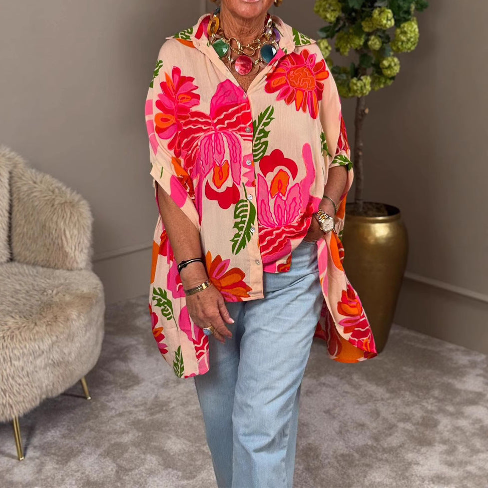 Dame nan luftig Oversize-skjorte bluse i Resort stil med stort blomstertryk og asymmetrisk spids kant Skovae
