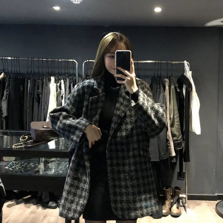 Kvinder Oversized Ternet Frakke med Dobbelt Knaplukning Skovae