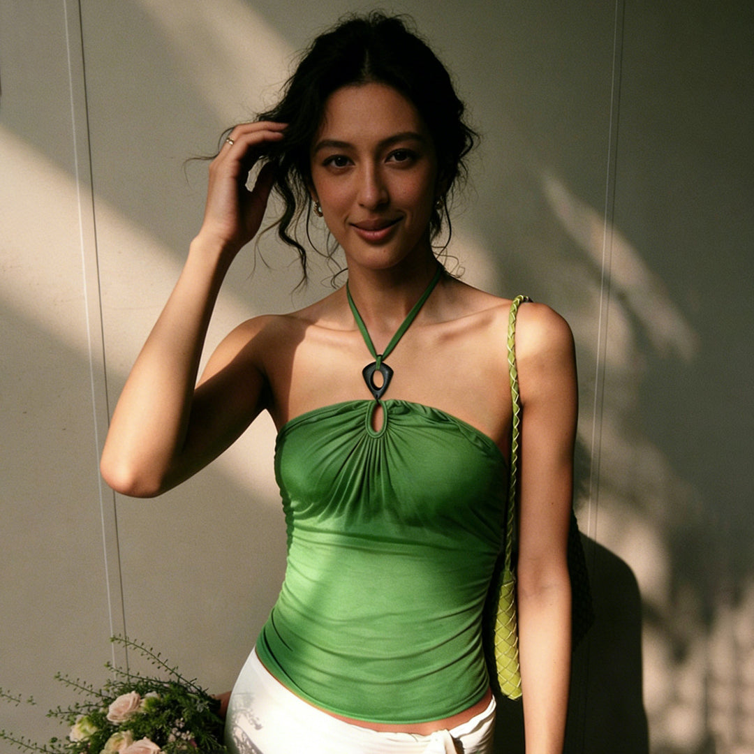 Dame elegant tanktop med raffinerede flæsedetaljer og bindebånd Skovae