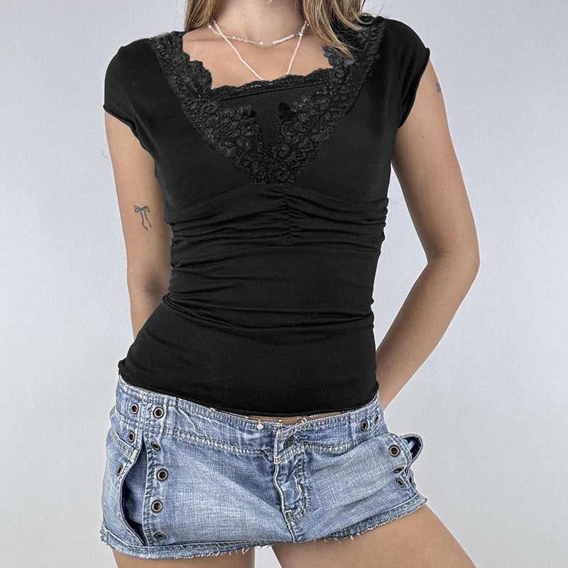 Dame elegant spids top med ruched design og V-hals Skovae