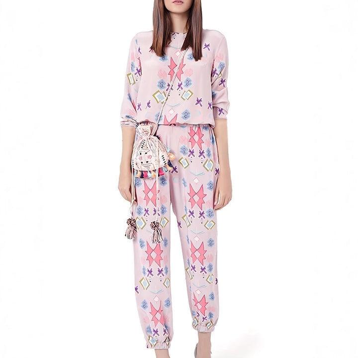 Dame Loungewear Sæt med farverige geometriske mønstre og elastisk bånd Stilla
