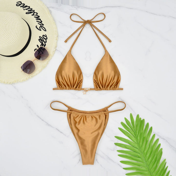 Dame Triangel-Bikini-sæt med blank satin-udseende og justerbare stropper Stilla