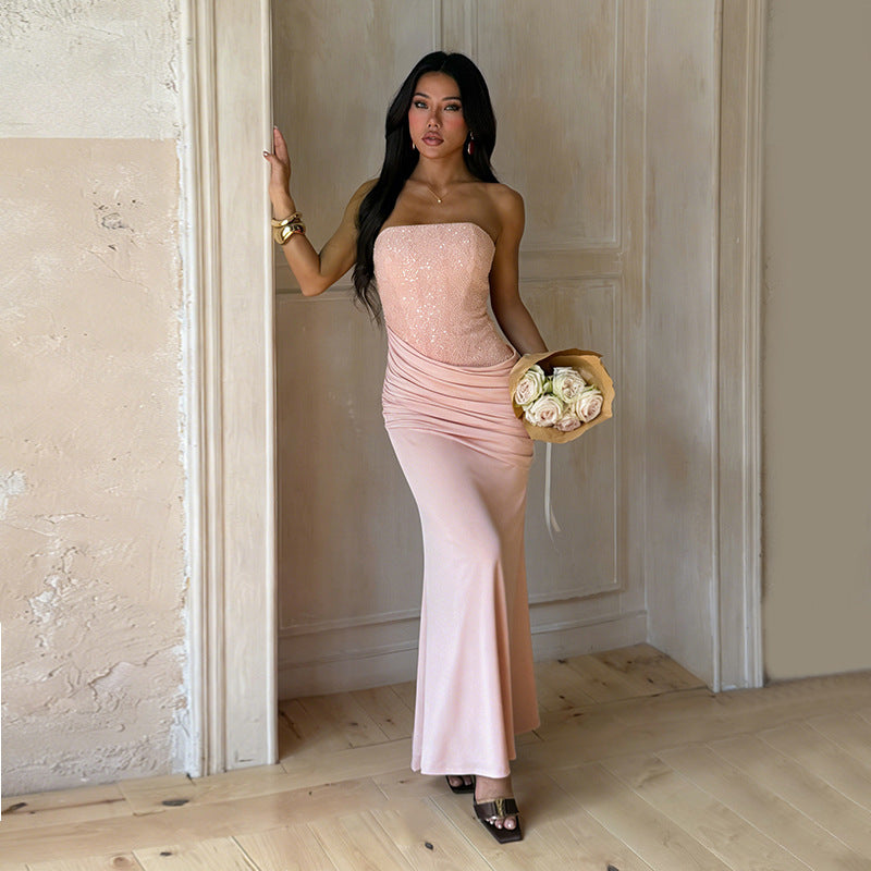 Kvinder Elegant Lang Aftenkjole med Figur-venlig Rynke Design og Skinnende Pailletter