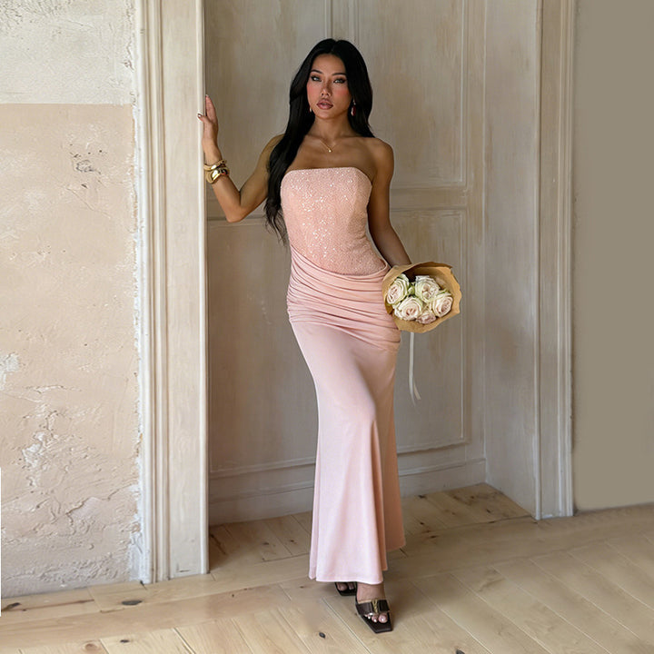 Kvinder Elegant Lang Aftenkjole med Figur-venlig Rynke Design og Skinnende Pailletter