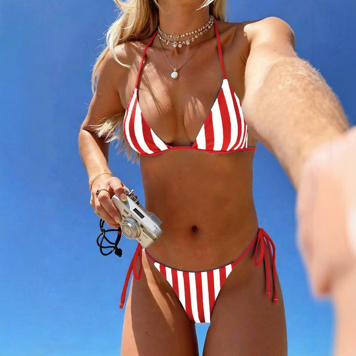 Dame Triangle-Bikini med moderne stribemønster Skovae