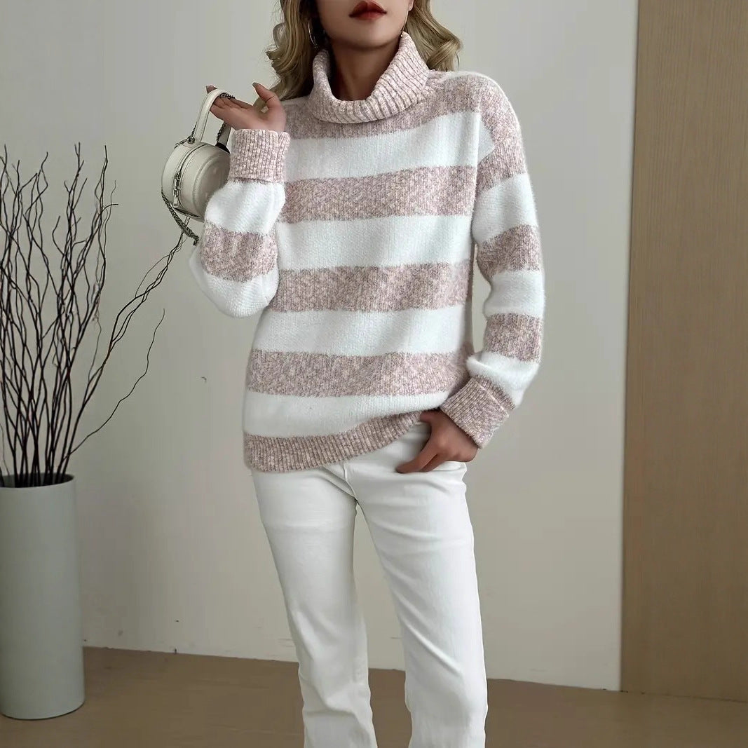 Dame hyggelig sweater med høj krave og stribet design Stilla