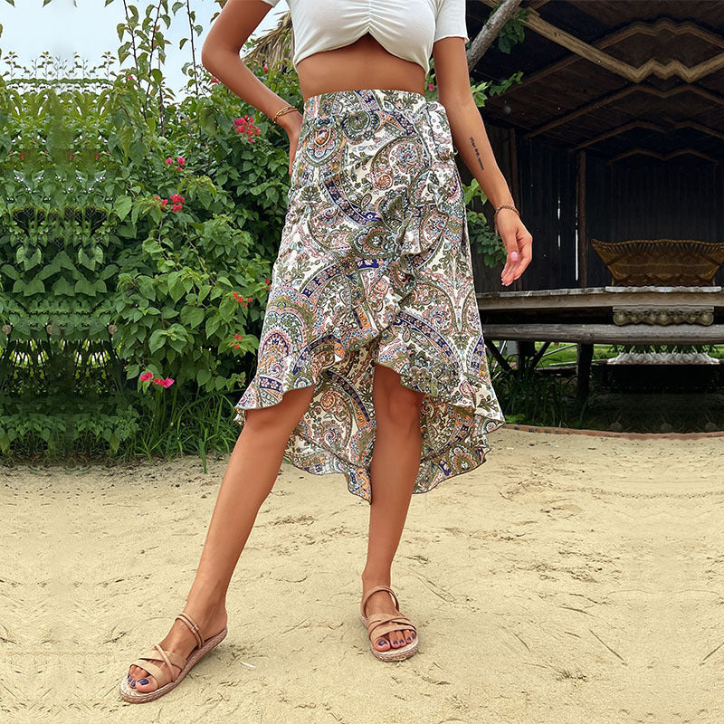 Dame High-Low Floral Wrap Nederdel med Flæse Detaljer Stilla
