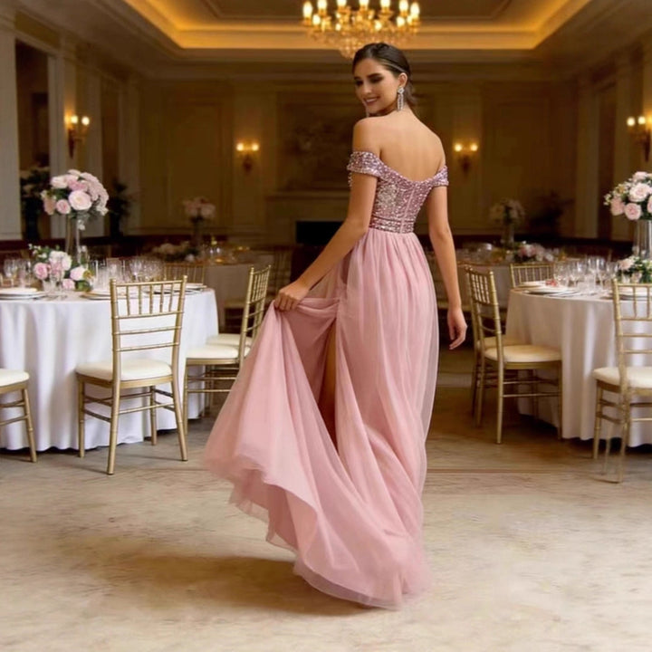 Ladies Elegant Evening Dress with Strapless Design and Sparkling Appliqués