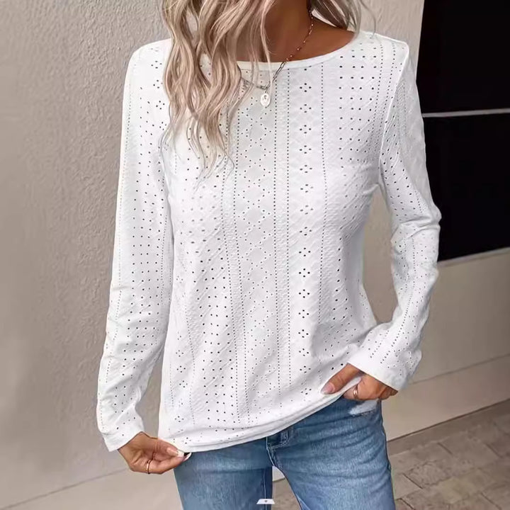 Dame Longsleeve-T-Shirt med hulmønster og rund halsudskæring Stilla