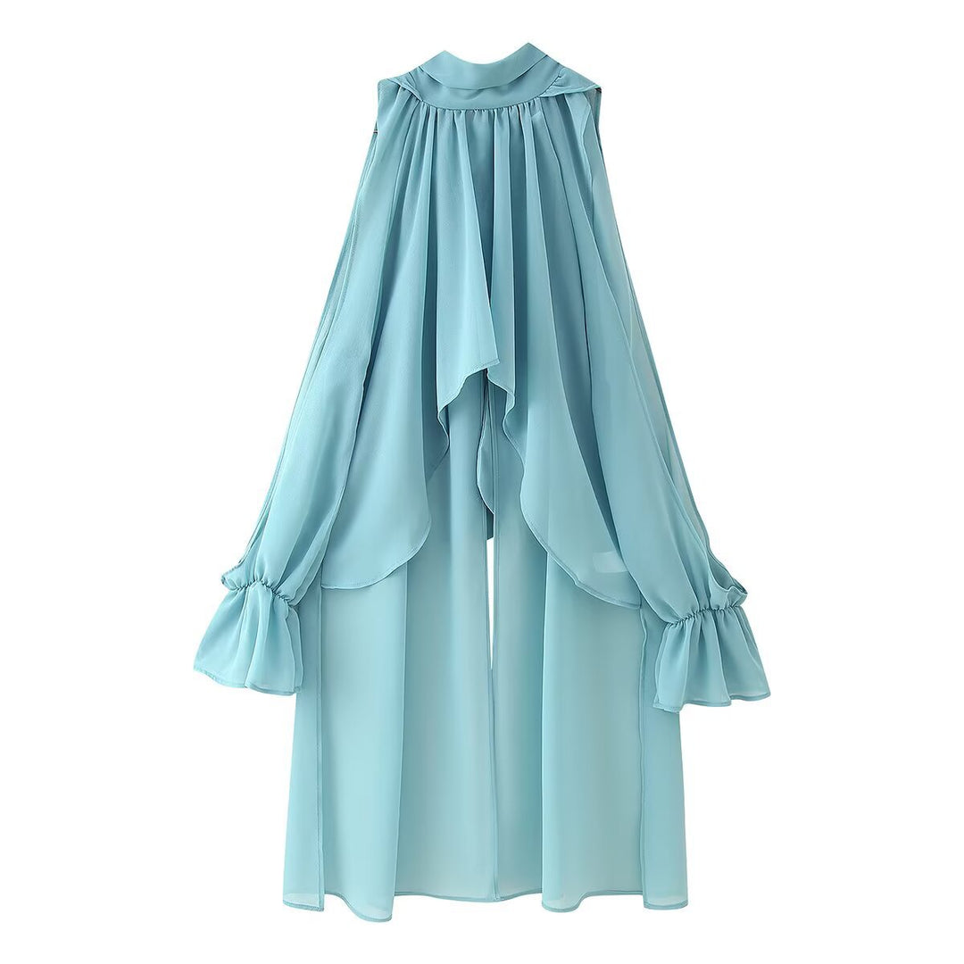 Dame luftig chiffon-bluse med voluminøse flæsedetaljer Stilla