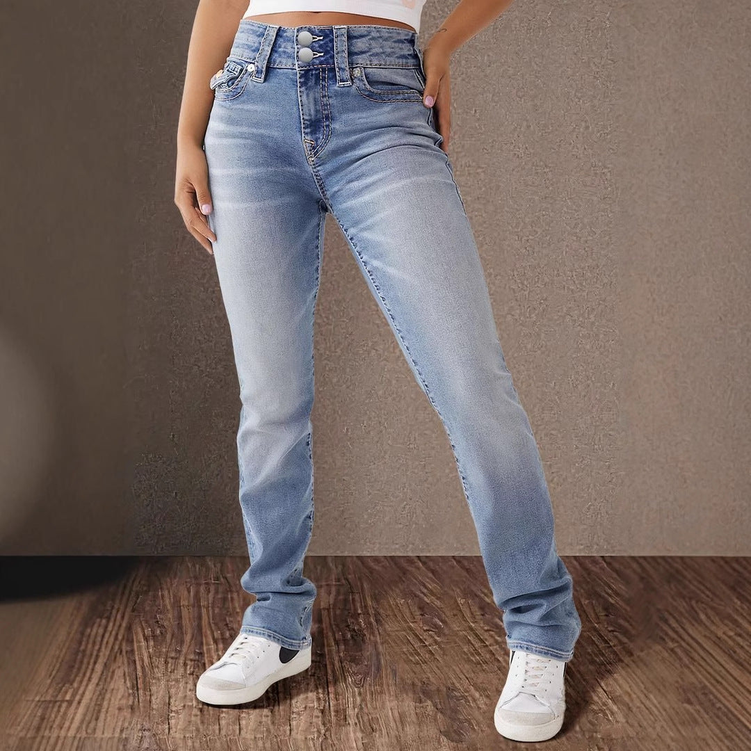 Dame High-Waist Slim Fit Jeans med elegant knapdetalje Stilla
