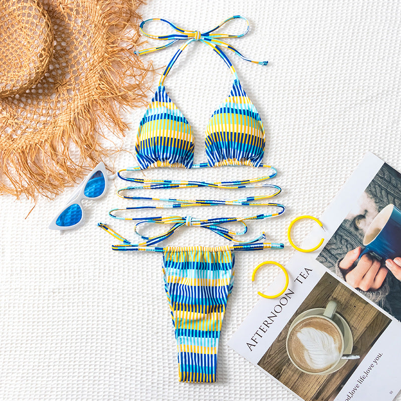 Dame Højskåret Bikini med moderigtigt Stribemønster og justerbare Bånd Stilla