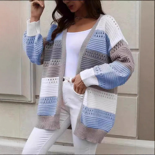 Kvinders stor strikket cardigan med unikt blonder mønster og farveblok design Stilla
