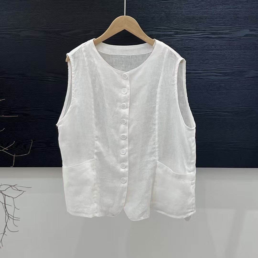 Femme Stilfuld Linned Knap-Up Vest Stilla
